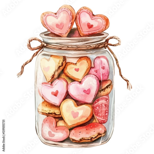 A watercolor painting of Love heart cookies in a jar, isolated on a white background. Love heart cookies in a jar vector

