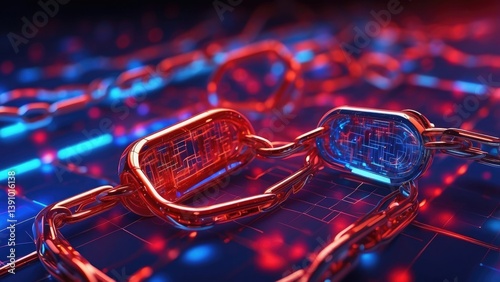 A conceptual illustration of a glowing chain link in red and blue hues,