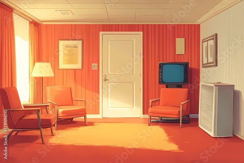 Retro Style Living Room Interior Design with Orange Decor, Vintage Television and Cozy Seating - Modern Simplicity in a Stylish Environment