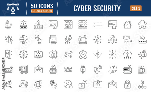 Cyber Security line editable Icon set. Containing data protection, secure, security, antivirus, password, accessibility, phishing, cyber crime, online privacy and more. Vector Illustration