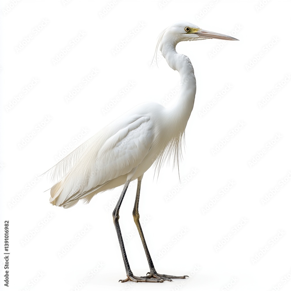 Obraz premium Elegant White Heron with Slender Legs Isolated Against a Clean White Backdrop and Sharp Fine Detailing