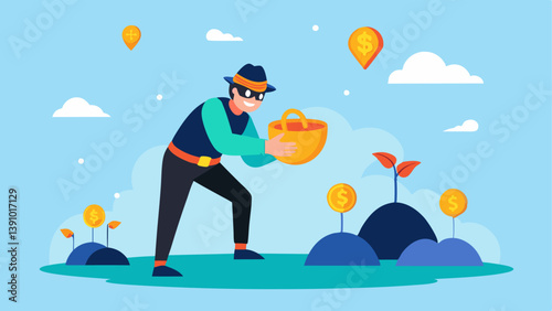 Bounty Hunter A humorous take on a bounty hunter character collecting shiny coins from various locations suggesting that airdrops reward users for finding and participating in