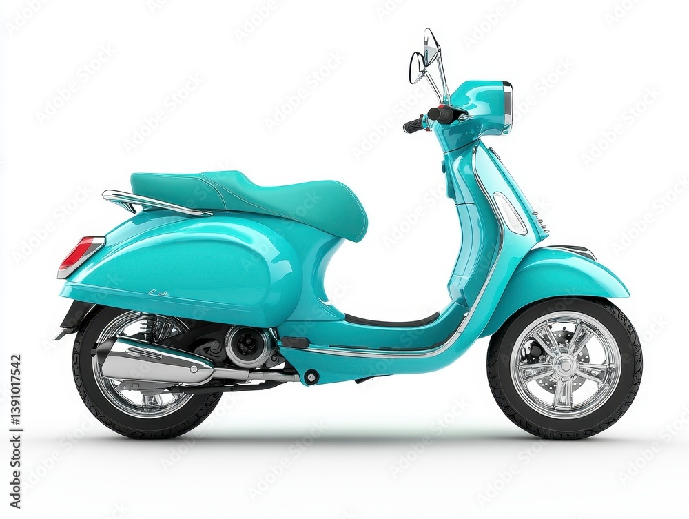 Isolated Teal Scooter with Curved Tank Side View Against White Background Chrome Accents Black Tires Offers a Blend of Retro Charm and Urban Transportation Isolated Teal Scooter with Curved Tank Side View Against White Background Chrome Accents Black Tires Offers a Blend of Retro Charm and Urban Transportation