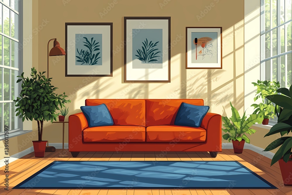 Fototapeta premium Modern Living Room Interior Design with Orange Sofa and Natural Light - Cozy Home Decor & Green Plants