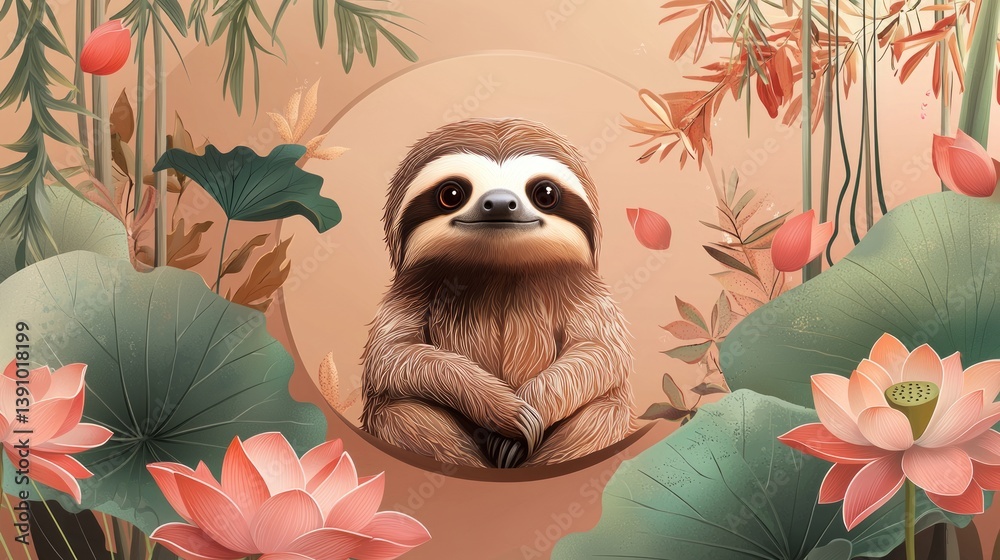 Fototapeta premium Playful Cartoon Sloth Surrounded by Tropical Plants and Lotus Flowers