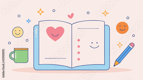 Gratitude Journal An open notebook with a pen displaying handwritten notes of things to be grateful for surrounded by positive symbols like hearts and smiley faces.