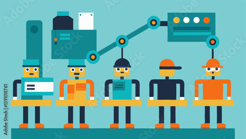 Factory Automation An of a factory assembly line where robots are replacing human workers. One side shows workers operating machines while the other side shows robots