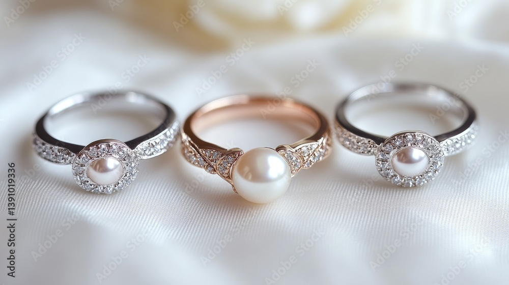 A trio of pearl rings, each with unique band designs, placed neatly on a white background