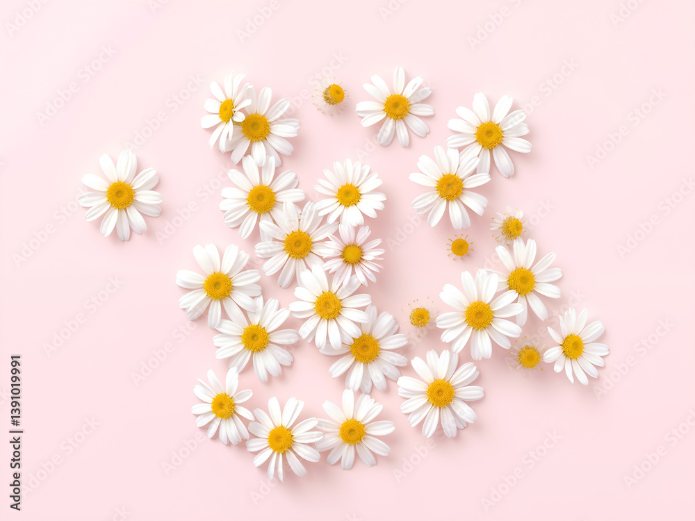 Obraz premium Chamomile flowers scattered on soft pink background, ideal for wellness and floral designs. Generative AI