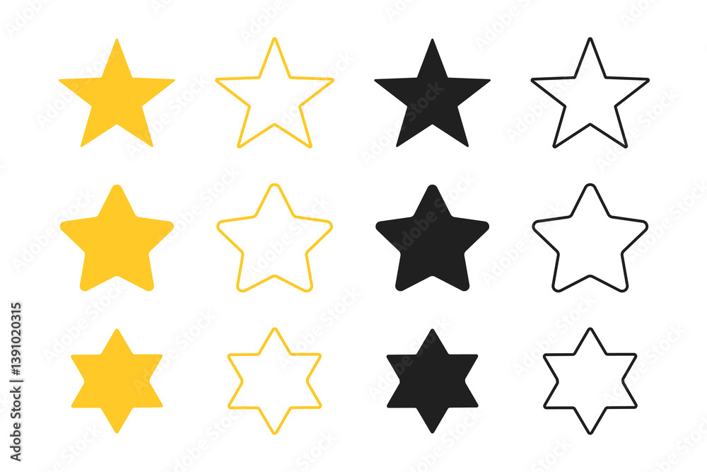 Stars collection. Star vector icons. Golden and Black set of Stars, isolated on transparent background. Star icon. Stars in modern simple flat style. Stars collection. Star vector icons. Golden and Black set of Stars, isolated on transparent background. Star icon. Stars in modern simple flat style.
