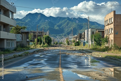 Desolate street after a disaster, littered with debris and puddles, mountain backdrop