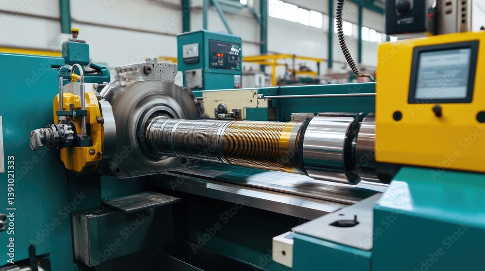 Coil winding machine in a manufacturing setup used in electrical motor production, no people Coil winding machine in a manufacturing setup used in electrical motor production, no people