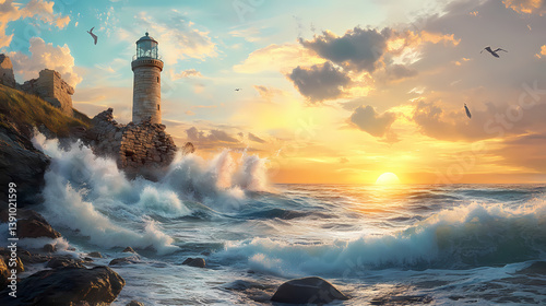 The crumbling stone walls of an ancient lighthouse rise above the crashing waves, as the setting sun casts a golden glow over the sea and sky, rocks, beach. Ruined Lighthouse. Illustration