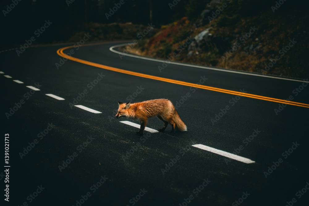 Fototapeta premium Fox Crossing Rural Paved Road with Yellow and White Lane Markings in Mount Rainier, Washignton State, USA
