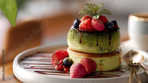 Fluffy soufflé pancake topped with matcha sauce