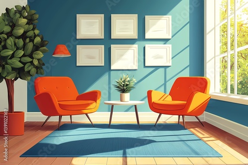 Modern Interior Design: Vibrant Living Room with Orange and Blue Accents, Cozy Furniture, and Natural Sunlight through Windows