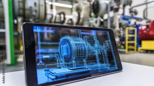 Digital twin of an electrical network displayed on a tablet with holographic effects, futuristic theme