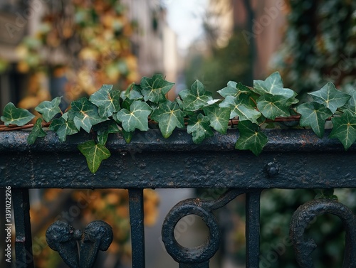 Close-up of fresh green ivy wrapping around an old metal railing on a city balcony