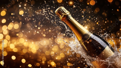 Sparkling Champagne Bottle Splashing, Festive Bokeh Background, Celebration