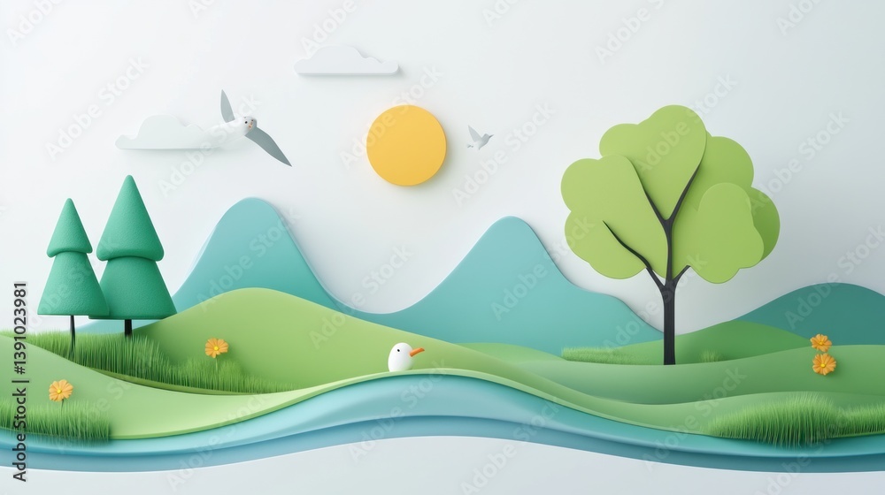 Fototapeta premium Paper Landscape Scene with Birds and Trees