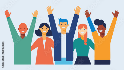 Hands in the Air A diverse group of team members with their hands in the air cheering for their leader who is confidently sharing their uncertainties illustrating encouragement and
