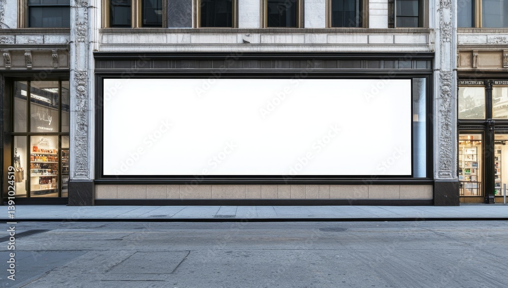 Blank storefront advertising display. A large, rectangular, blank billboard on the exterior of a city building, perfect for advertising or showcasing visuals Blank storefront advertising display. A large, rectangular, blank billboard on the exterior of a city building, perfect for advertising or showcasing visuals
