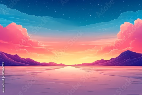 Serene Sunset Landscape: Vibrant Pink and Blue Colors Reflecting on Tranquil Waters photo