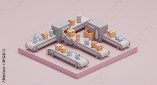 Isometric view of a factory production line with conveyor belts moving boxes, cans, and bottles, showcasing automated manufacturing and logistics in a stylized 3D render