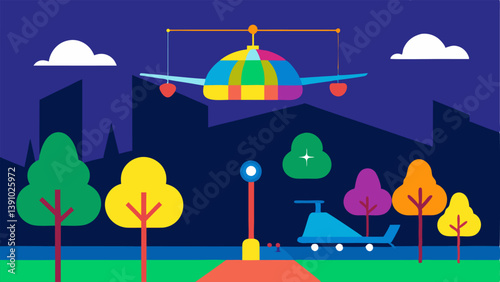 Park Chase The helicopter hovers over a colorful park shining its light on a figure darting between trees and playground structures.