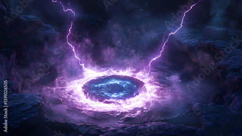 Mystical energy portal pulsing with ethereal cyan light, crackling purple lightning arcs, swirling cosmic mist against obsidian void, photorealistic render. Obsidian Whirlpool. Illustration