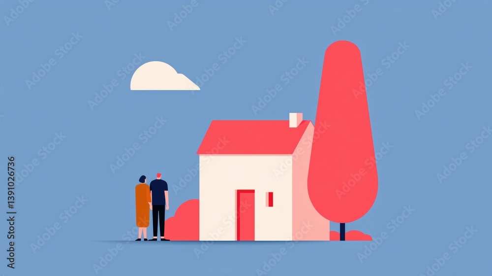 Couple admiring a vibrant house and tree against a blue sky background during a sunny day.