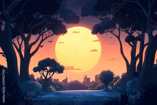 Sunset Digital Art: Serene Twilight in a Scenic Park with Vibrant Colors and City Skyline Silhouette