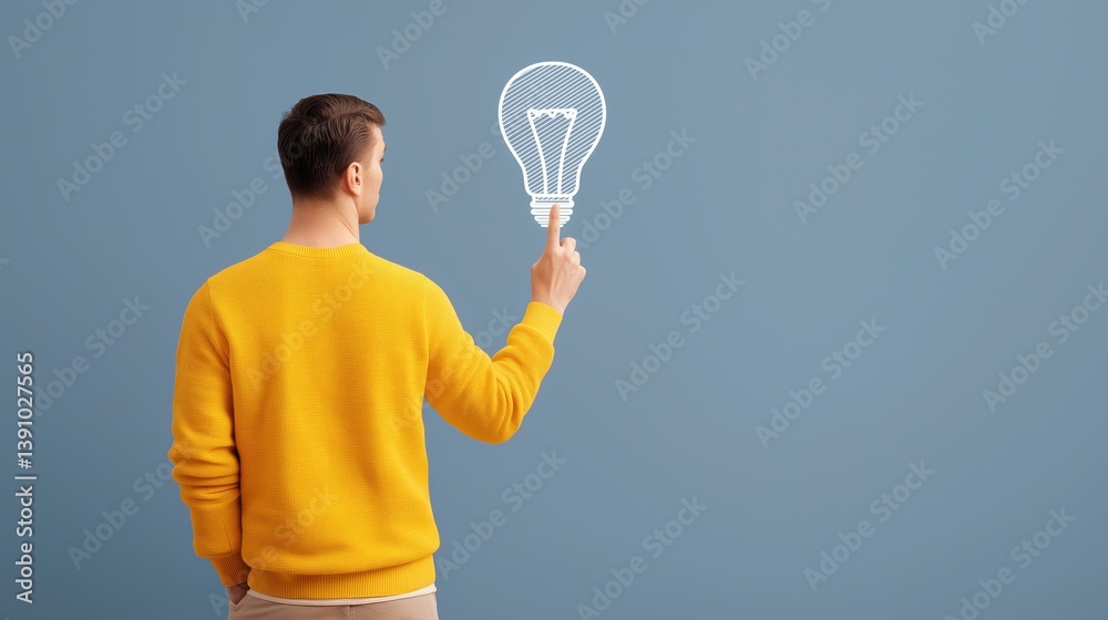 Person in yellow sweater points at light bulb illustration on blue wall, symbolizing creative ideas and inspiration.