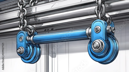Blue roller assembly with chains and pulleys