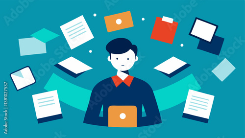 Drowning in Facts A person surrounded by waves of papers and digital screens with conflicting information symbolizing the overwhelming nature of mixed messages during campaigns.