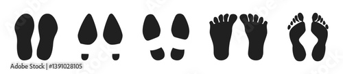 Human walking footprints shoes and shoe sole. Kids feet and foot steps Fun vector footsteps icon or sign for print. Different human footprints.