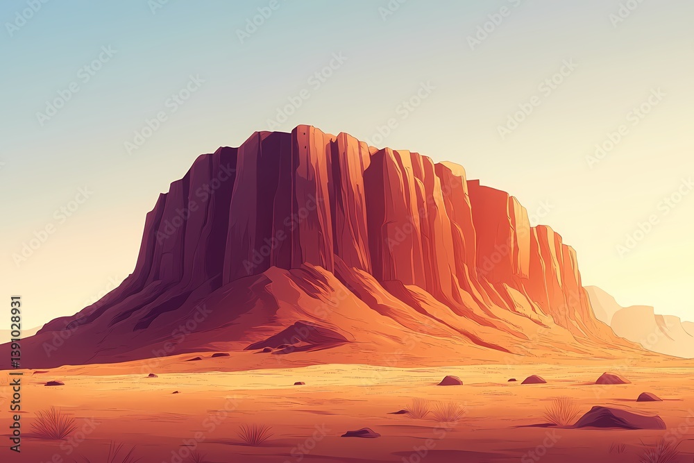Naklejka premium Scenic Desert Landscape Illustration with Sunset Over Iconic Rock Formations