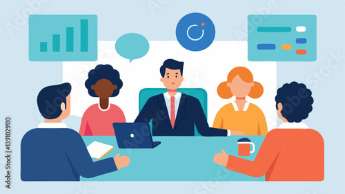 Client Meeting Show a lawyer meeting with a diverse group of clients at a conference table discussing blockchain strategies and legal compliance with graphs and charts on the wall.