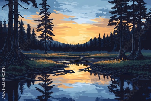 Serene Nature Landscape: Photorealistic Sunset Reflection with Trees and Vibrant Colors Over a Calm Lake View