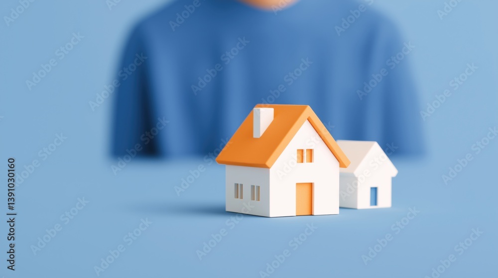 Miniature model houses placed on a table in front of a person wearing a blue shirt, symbolizing real estate and home ownership, 3d illustration.