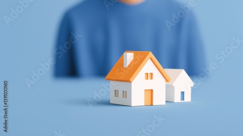 Obraz na płótnie Miniature model houses placed on a table in front of a person wearing a blue shirt, symbolizing real estate and home ownership, 3d illustration. w salonie