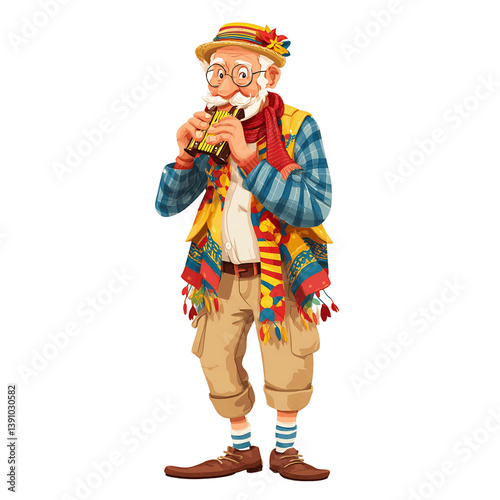 A cheerful elderly man dressed in traditional garb playing a pan flute, full of color.