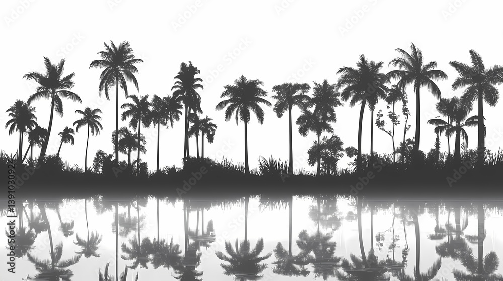 Tranquil Tropical Palm Tree Silhouette Reflection - Black and White Island Landscape for Nature-Inspired Art and Eco-Friendly Design Tranquil Tropical Palm Tree Silhouette Reflection - Black and White Island Landscape for Nature-Inspired Art and Eco-Friendly Design