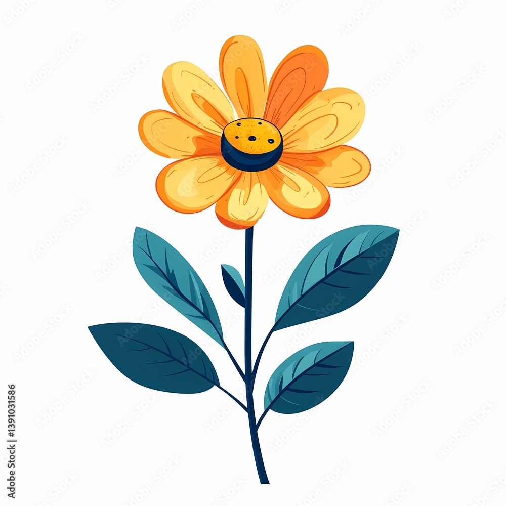 Fototapeta Vibrant Floral Illustration: Colorful Yellow Flower Artwork with Cheerful Cartoon Smiley Face
