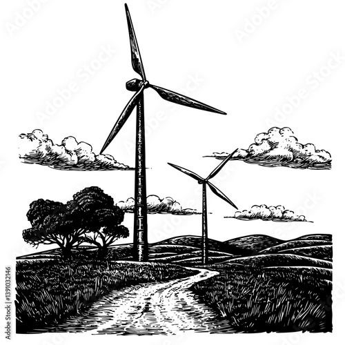 Wind Turbines Landscape in Engraving Style