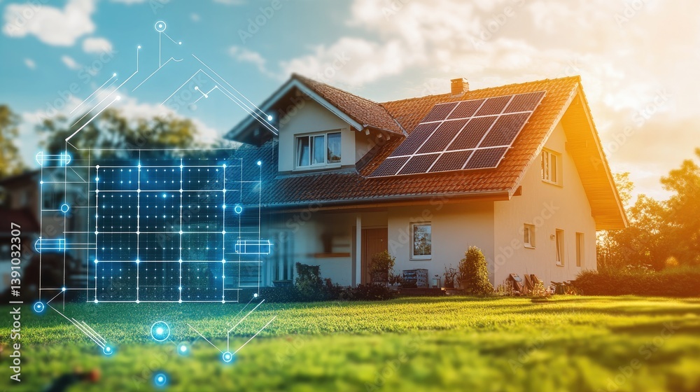 Solar panel array diagram with efficiency graphs and system layout sketches, no people