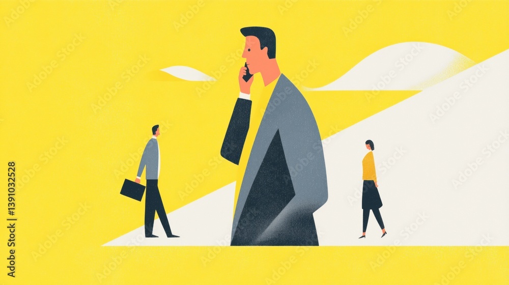 Business professionals engage in urban setting while using mobile devices on a bright yellow background.