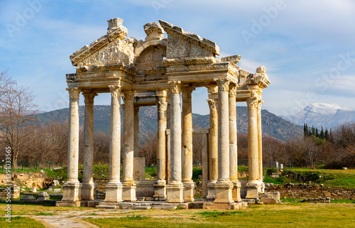 Monumental gateway or tetrapylon preserved to this day in small ancient Greek city of Aphrodisias in historic Caria cultural region, Turkey..