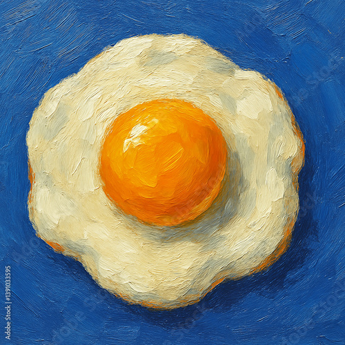 Realistic Fried Egg on Vibrant Blue Background – Modern Textured Oil Painting