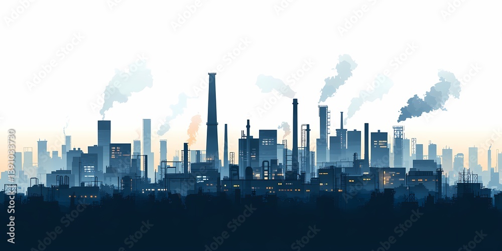 Naklejka premium Industrial Pollution and Chemical Emissions in Urban Cityscape: Factory Smokestacks Release Harmful Fumes Impacting Environment and Global Warming